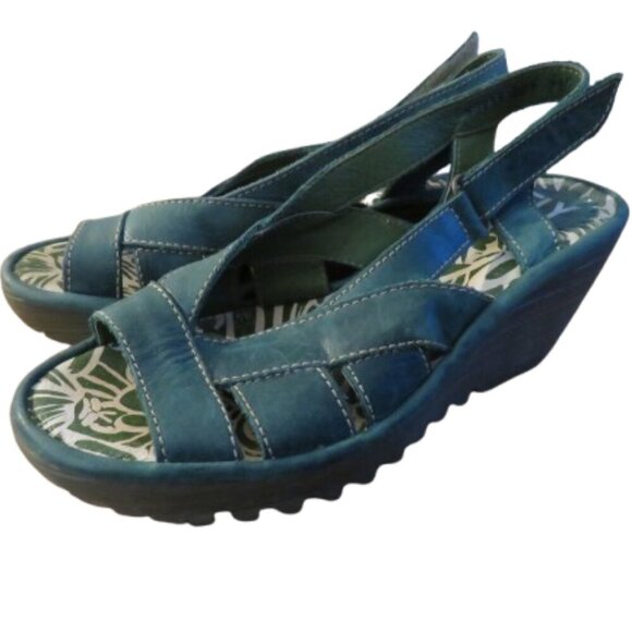 FLY LONDON Leather Yisa Wedge Sandals in Forest Green Sz US 6-6.5 / EU 38 - Picture 1 of 13